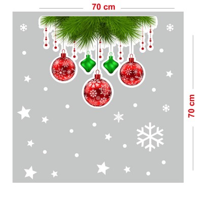 Yılbaşı Topları Çam Ağacı Dalı ve Kar Taneleri Vitrin Sticker 70x70cm