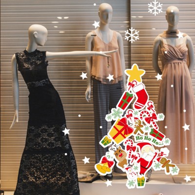 Yıldızlı Yılbaşı Ağacı ve Kar Taneleri Vitrin Sticker Yapıştırma 70x70cm Ev Vitrin Yılbaşı Stickerı