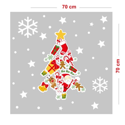 Yıldızlı Yılbaşı Ağacı ve Kar Taneleri Vitrin Sticker Yapıştırma 70x70cm Ev Vitrin Yılbaşı Stickerı