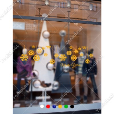 Yukarıdan Salınan Kar Taneleri Yılbaşı Vitrini 115x38cm Ev Vitrin Yılbaşı Stickerı