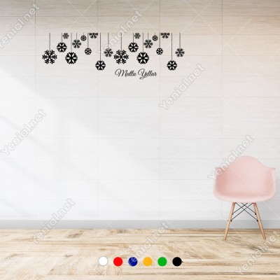 Yukarıdan Salınan Kar Taneleri Yılbaşı Vitrini 115x38cm Ev Vitrin Yılbaşı Stickerı