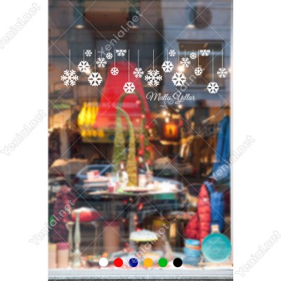 Yukarıdan Salınan Kar Taneleri Yılbaşı Vitrini 115x38cm Ev Vitrin Yılbaşı Stickerı